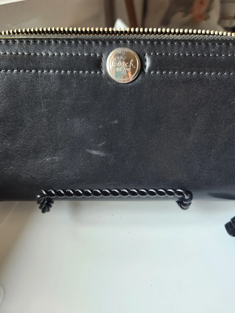 Vintage Coach Black Leather Whipstitch Zip Around Accordion Continental Wallet